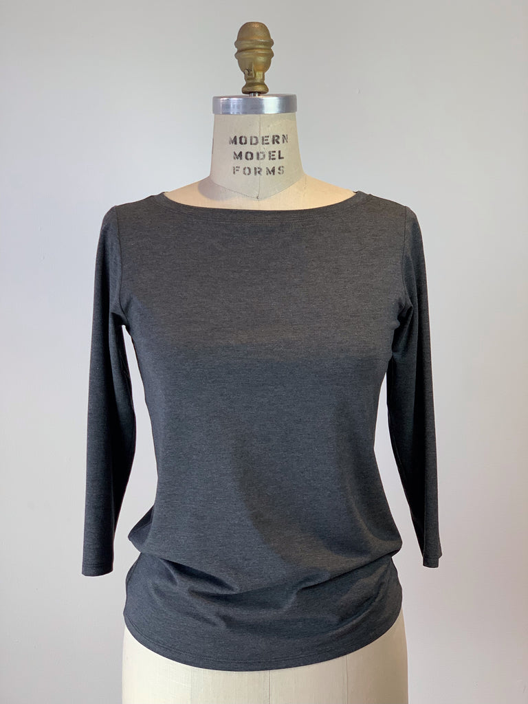 3/4 Sleeve Heather Charcoal Grey Boat Neck Viscose Jersey