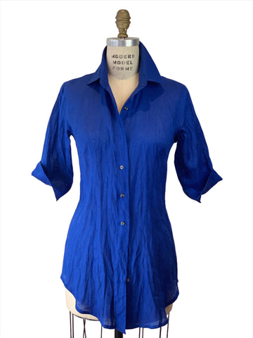 Cobalt Blue 3/4 Sleeve Linen Long Shirt