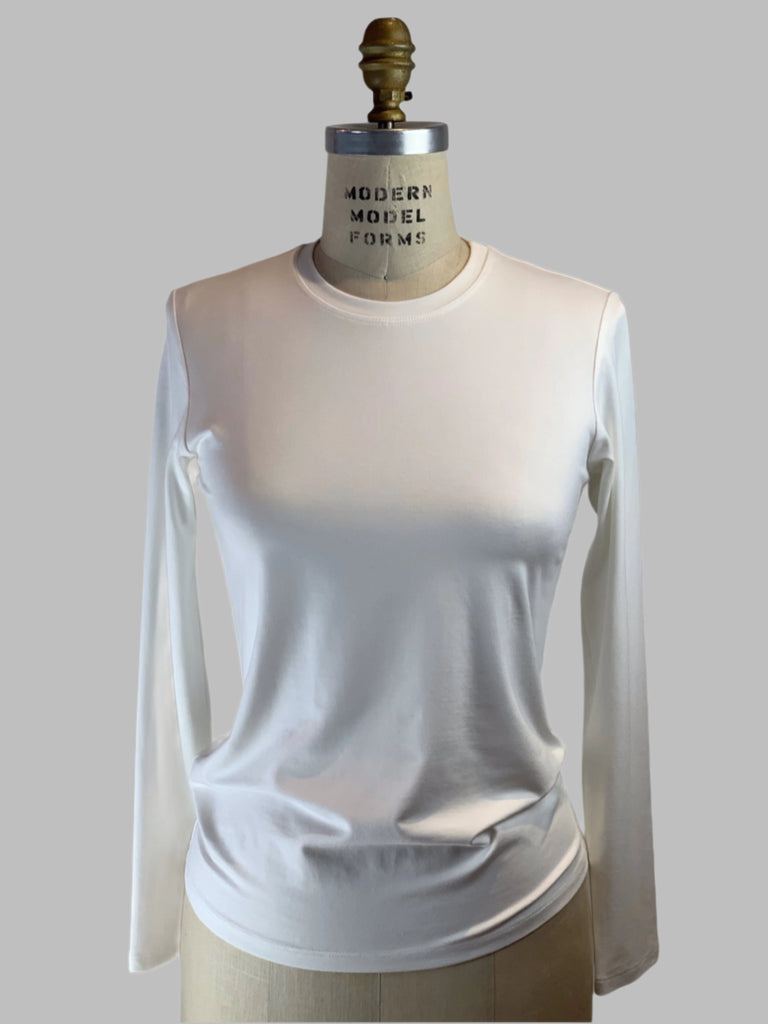 Long Sleeve White Crew Neck Viscose Jersey