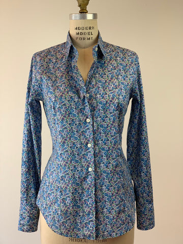 Women's Long Sleeve Aqua Cornflower Bloomsbury Wild Flowers Shirt