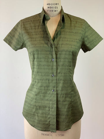 Women's Short Sleeve Olive Green Sheet Music Shirt