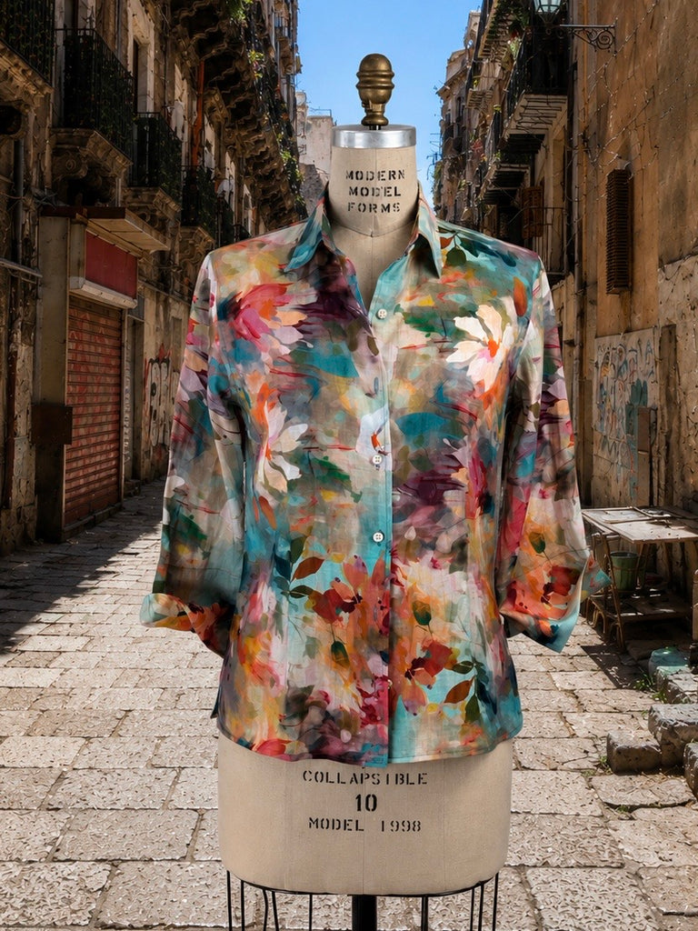 WOMEN’S ABSTRACT FLORAL LINEN SHIRT