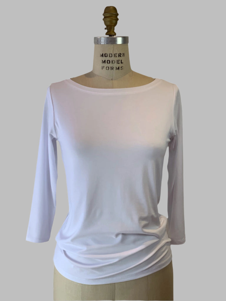 3/4 Sleeve White Boat Neck Viscose Jersey