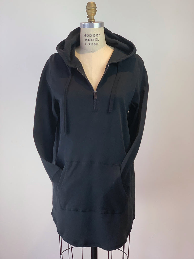 DKR Long Hooded Kangaroo Tunic Top With 3/4 Zip Black