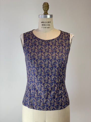 Button Back Pop Top Navy Vintage Paisley