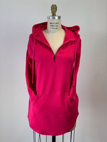 DKR Long Hooded Kangaroo Tunic Top With 3/4 Zip Raspberry