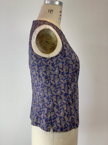 Button Back Pop Top Navy Vintage Paisley