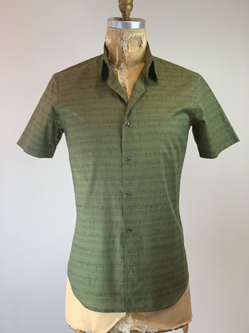 Men's Short Sleeve Olive Green Sheet Music Shirt