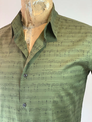Men's Short Sleeve Olive Green Sheet Music Shirt