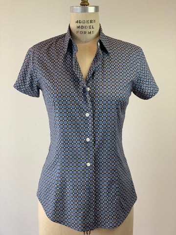Women's Short Sleeve Blue Brown Square and Diamonds Shirt