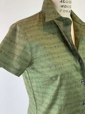 Women's Short Sleeve Olive Green Sheet Music Shirt