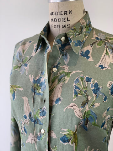 Women's Long Sleeve Sage Watercolour Flowers Easy Shirt